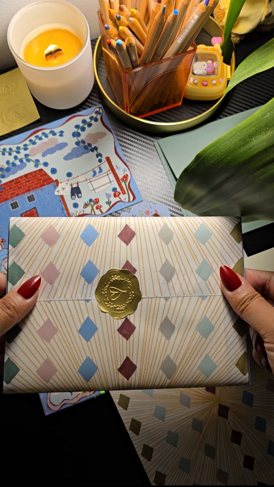 A hand-held envelope-style package with a cream and gold striped pattern, pastel diamond motifs, and a gold wax seal, held by two hands with red nail polish over a desk scene.