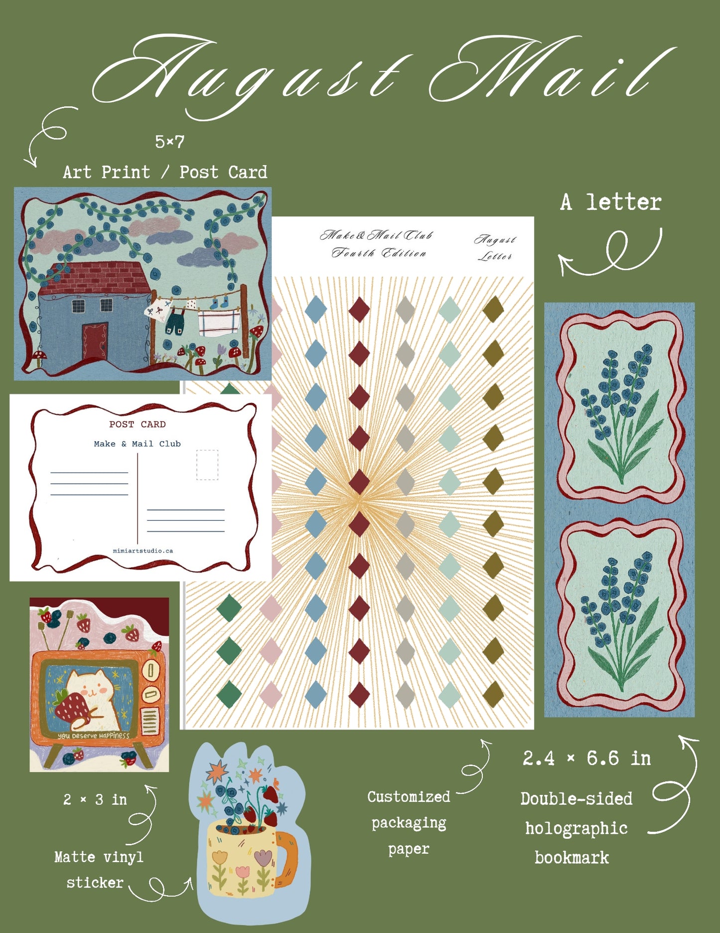 A collage-style product graphic for an August Mail post card set on an olive green background. It shows multiple post card designs and labels: a central post card with a diamond pattern, a letter post card, a post card with a house illustration, a small decorative card, a sticker, and text noting 5x7 art print/post card, letter size, 2x4 6.