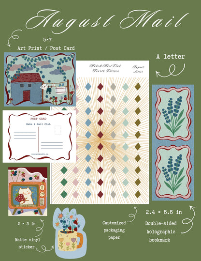 A collage-style product graphic for an August Mail post card set on an olive green background. It shows multiple post card designs and labels: a central post card with a diamond pattern, a letter post card, a post card with a house illustration, a small decorative card, a sticker, and text noting 5x7 art print/post card, letter size, 2x4 6.