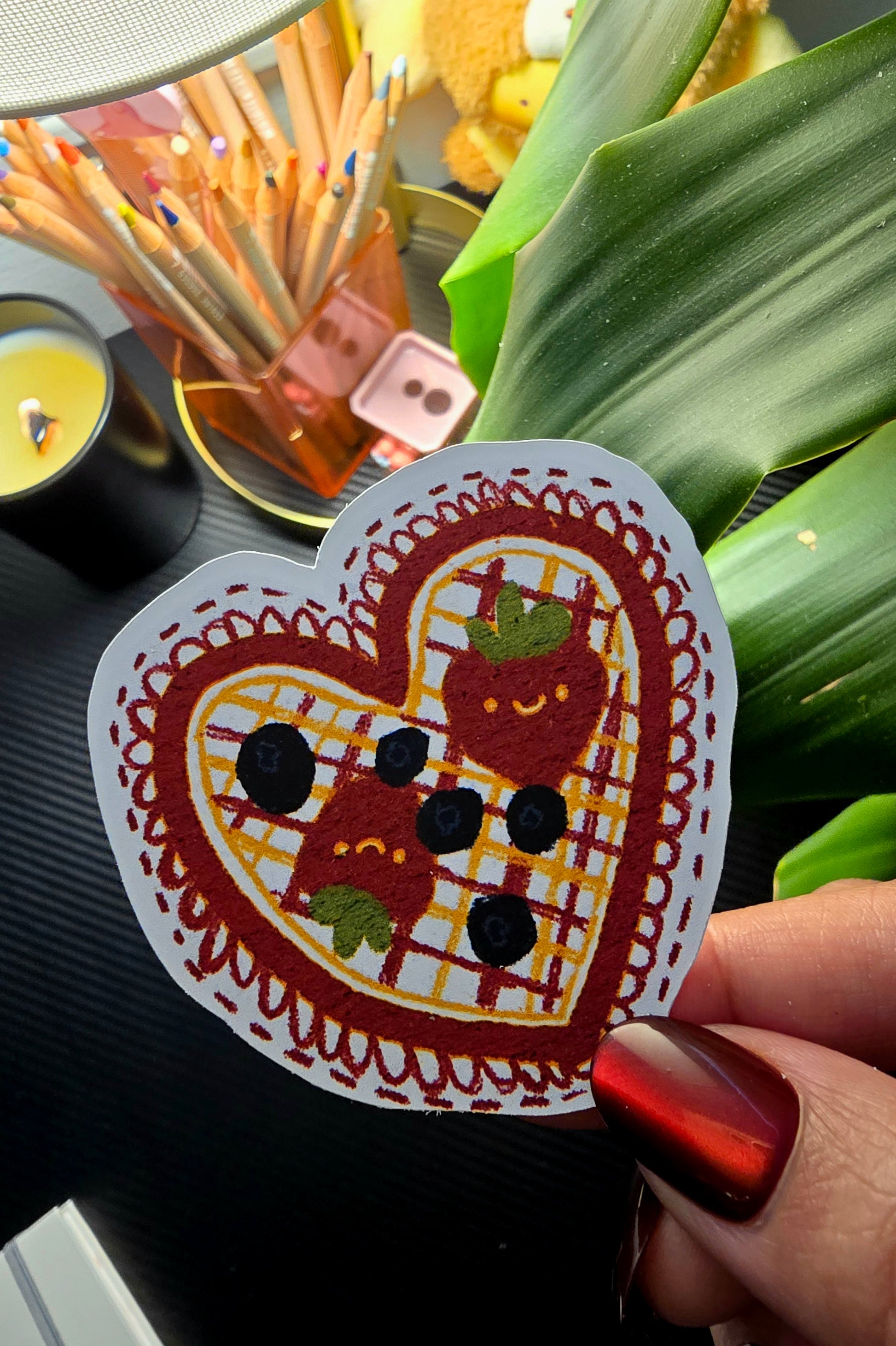 Waffling in Love heart waffle kawaii die-cut matte vinyl sticker by Mimi Art Studio, Canada