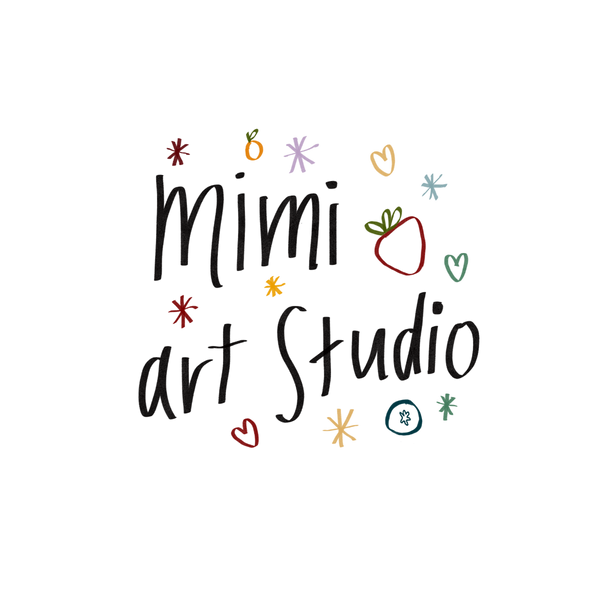 Hand-drawn style text reading 'mimi art Studio' in black script, surrounded by small colorful doodles including hearts, stars, flowers, and a red apple on a plain white background.