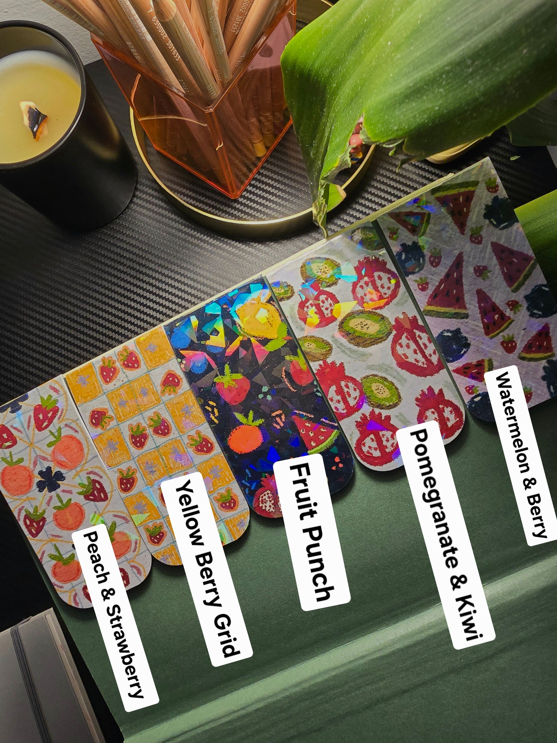 Tropical Series Holographic Magnetic Bookmarks – 5 designs: Fruit Punch, Yellow Berry Grid, Peach & Strawberry, Watermelon & Berry, and Pomegranate & Kiwi, with holographic shimmer effect