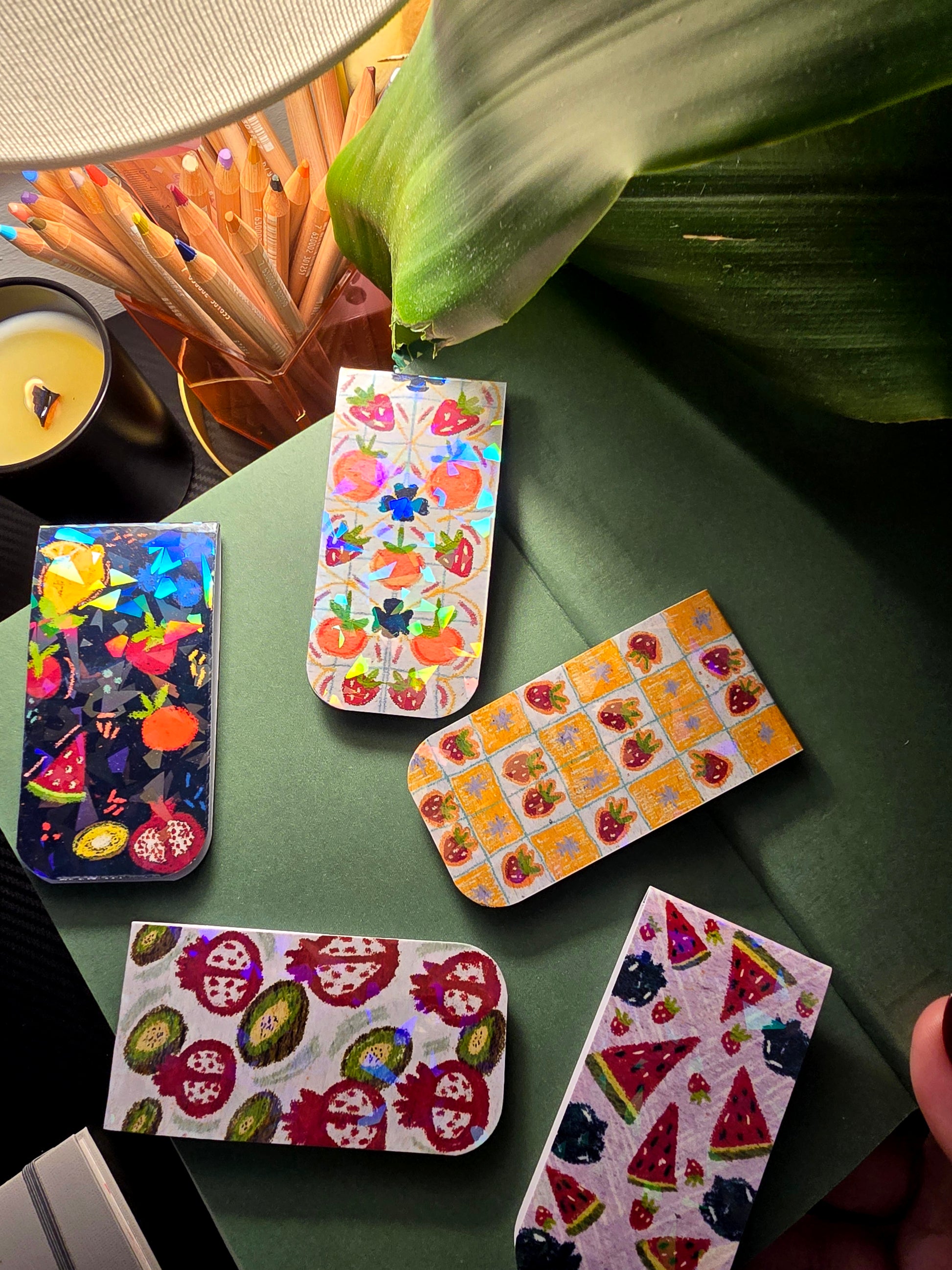 Tropical Series Holographic Magnetic Bookmarks  5 designs: Fruit Punch, Yellow Berry Grid, Peach & Strawberry, Watermelon & Berry, and Pomegranate & Kiwi, with holographic shimmer effect