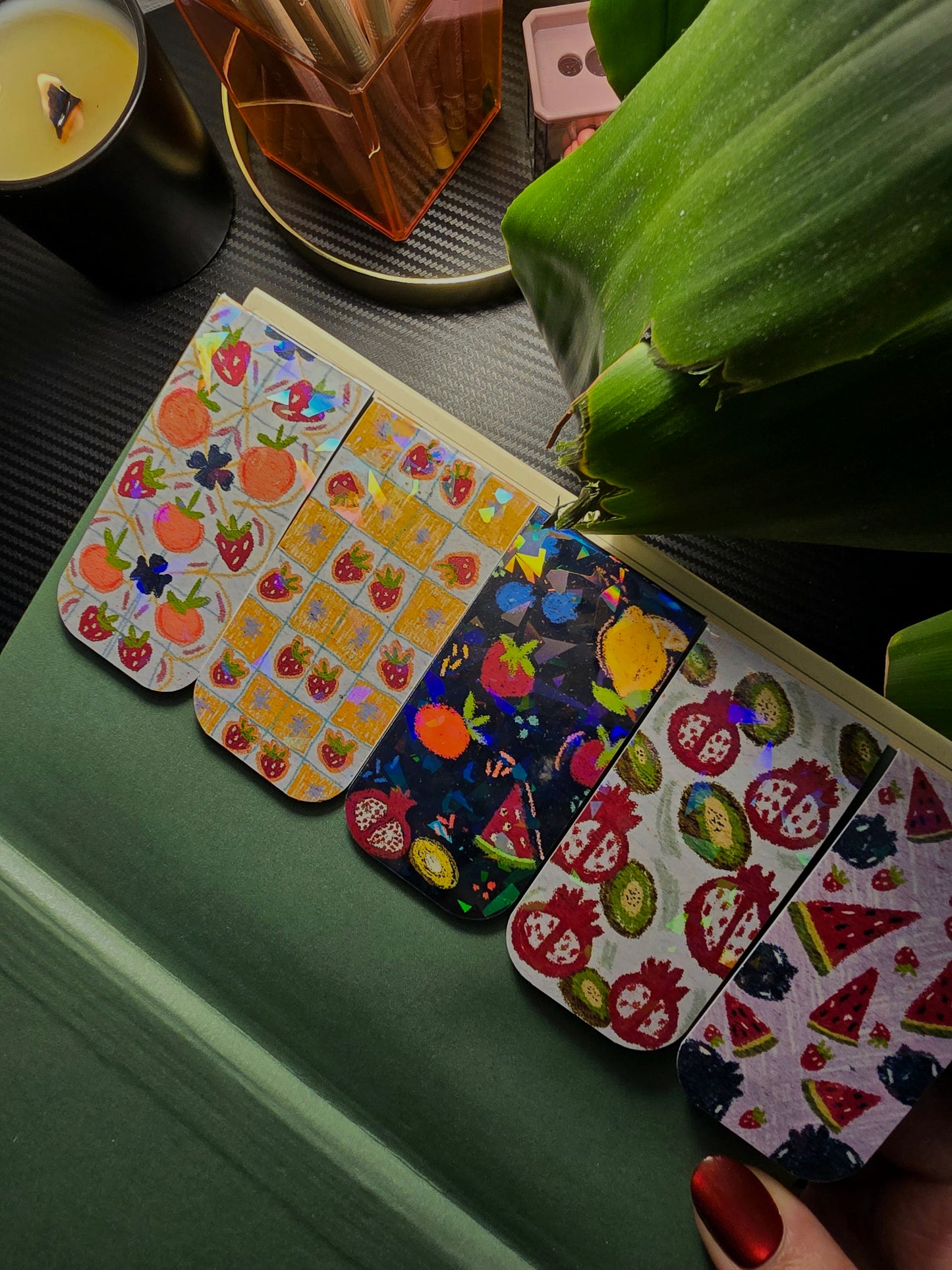 Tropical Series Holographic Magnetic Bookmarks – 5 designs: Fruit Punch, Yellow Berry Grid, Peach & Strawberry, Watermelon & Berry, and Pomegranate & Kiwi, with holographic shimmer effect