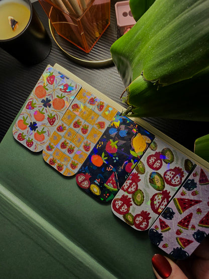 Tropical Series Holographic Magnetic Bookmarks – 5 designs: Fruit Punch, Yellow Berry Grid, Peach & Strawberry, Watermelon & Berry, and Pomegranate & Kiwi, with holographic shimmer effect