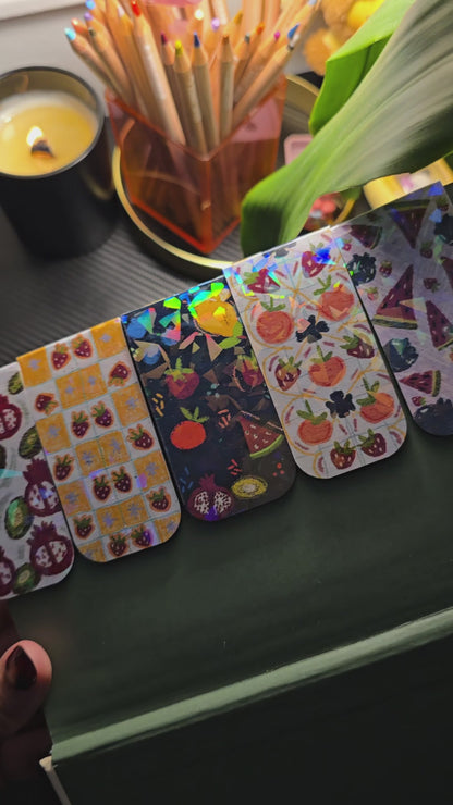 Tropical Series Holographic Magnetic Bookmarks – 5 designs: Fruit Punch, Yellow Berry Grid, Peach & Strawberry, Watermelon & Berry, and Pomegranate & Kiwi, with holographic shimmer effect